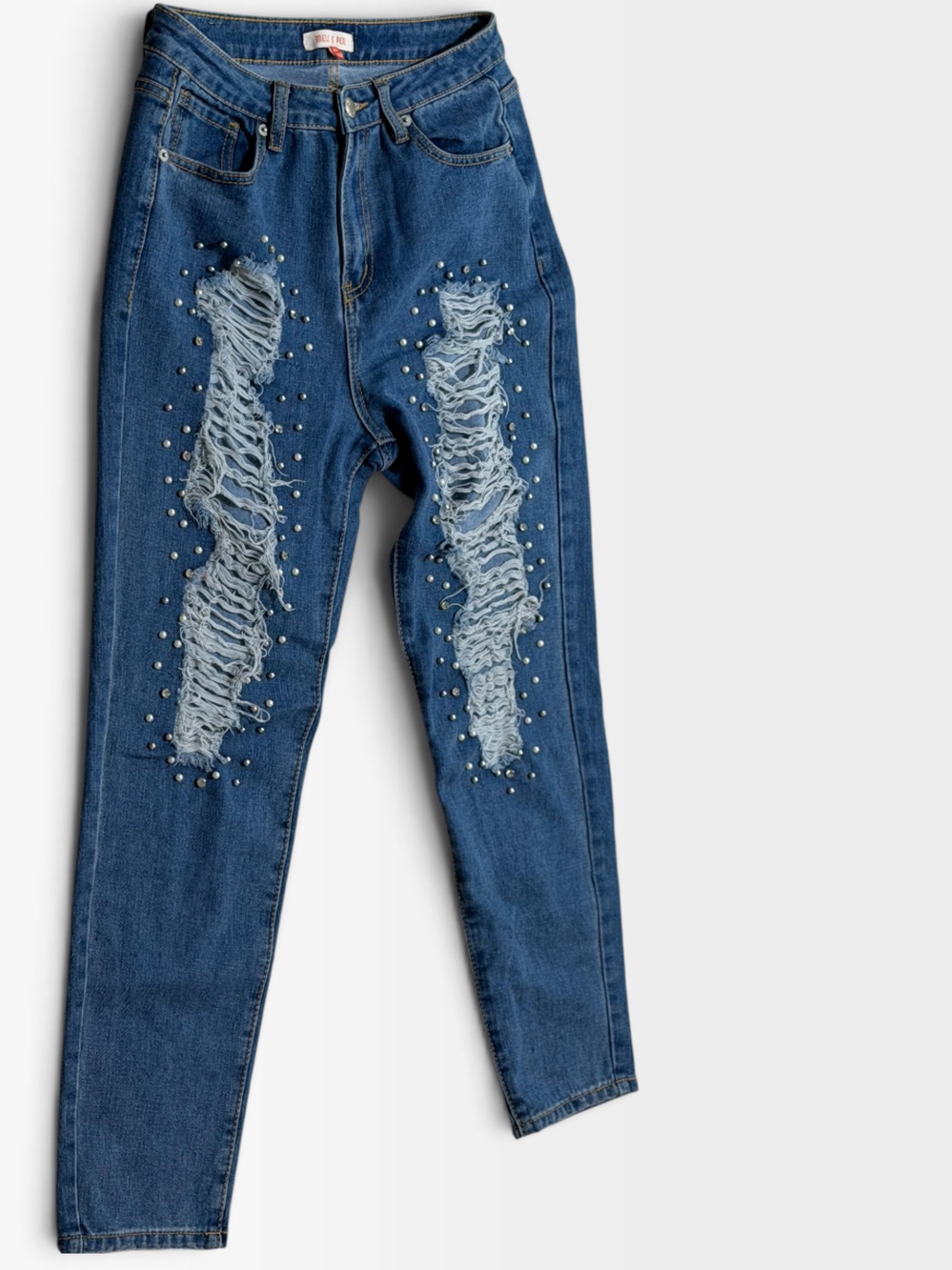 Women's Dark Blue Distressed Skinny Jeans with Embellished Details